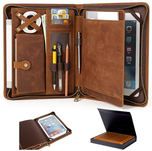 Lederhülle für iPad Pro 27,9 cm (11 Zoll), echtes Leder, Smart-Folio, mit Stifthalter, Reißverschlusstasche, multifunktionale iPad-Hülle, kompatibel mit iPad 11/iPad 10,5/10,2 Zoll iPad/iPad 9,7 Zoll