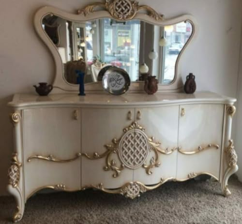 Casa Padrino Luxus Barock Möbel Set Sideboard mit Spiegel Weiß/Gold 215 x 60 x H. 105 cm - Prunkvoller Massivholz Schrank mit 4 Türen und elegantem Wandspiegel - Möbel im Barockstil