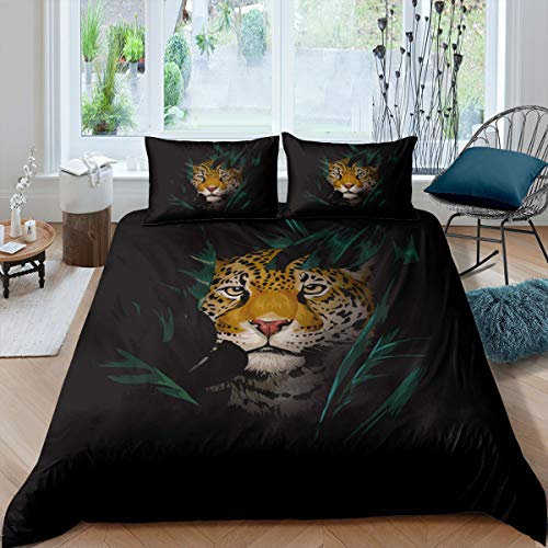 feelingyou Leopard Bettwäsche-Set Geparden Palmblatt verstecken Bettwäsche Set 155x220cm Wildes Tier Betten Set für Kinder Jungen Mädchen Teenager 2St.Reißverschluss Mikrofaser