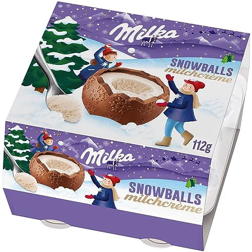 Milka Snowballs Milchcréme 1 x 112g I Gefüllte Weihnachtsschokolade Einzelpackung I Große Schokokugeln zum Auslöffeln I Süßigkeiten zu Weihnachten aus 100% Alpenmilch Schokolade