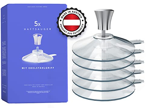 SCHILDER Systeme Haftsauger mit Edelstahlgriff | Ø 50 mm | 5 Stück | Saugnapf mit Gewinde und NIRO Griff | Haftsauger für Schilder | Saughalter für Badezimmer, Küche, Auto, Fensterglas