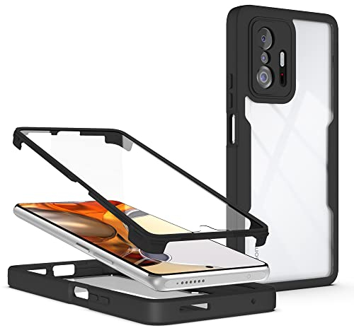 TVVTPU Kompatibel mit Xiaomi 11T/ 11T Pro 5G Hülle, 360 Grad Stoßfest Handyhülle Ganzkörper Schutz Silikon Bumper Outdoor Schutzhülle Case mit Eingebaute Displayschutzfolie, Schwarz