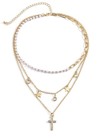 Collana Donna 3 Fili, Collana Donna Multistrato Hawaiana Regolabile Collana Rolo a Catena con Pendente Stella e Croce