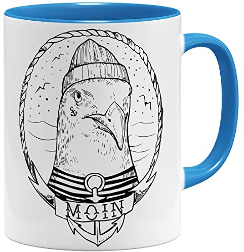 OM3® Moin mit Seemöwe Tasse nautical Möwe | Keramik Becher | 11oz 325ml | Beidseitig Bedruckt | Hellblau