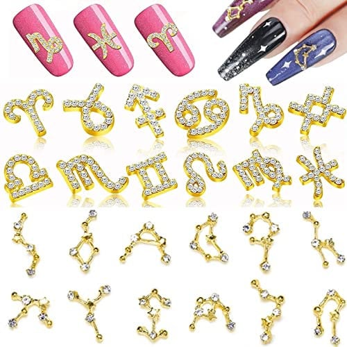 RUNRAYAY 24Pcs 3D Constellations Nail Art Charms with Rhinestones, Zodiac Nail Studs Diamonds for Nail Art Accessories, Retro Nail Jewelry Decoration for DIY Crafts Nail Decor