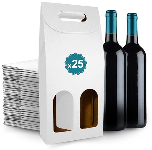 25 Cajas de Cartón Blanco Vacías para 2 Botellas de Vino 18x9x40cm | Estuches para Regalo y Embalaje de Vino | Maletas de Vino para Regalar: Pascua, Cumpleaños, Navidad