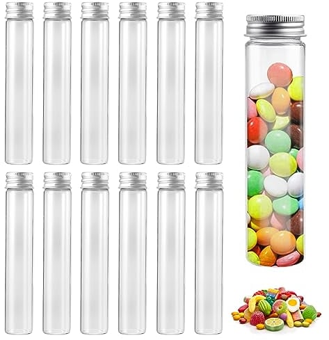 12 Pcs 30ml Glass Test Tubes with Lids, Clear Test Tube with Screw Cap, Transparent Test Bottle Flower Test Tubes for Flower Beads Seeds Laboratory Floral Vase Container Tubes (12 pcs - silver lid)