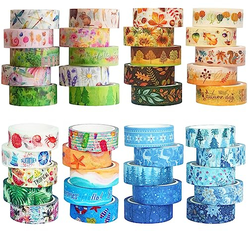 ZAKHSE Washi Tape 40 Rollen Frühling Winter Motive Washi Tape Set,15mm Dekoratives Klebeband,Schneeflocken Blumenmuster Klebebänder,220 Yards Bunt Bastelband Masking Tape DIY Journal Scrapbook Zubehör