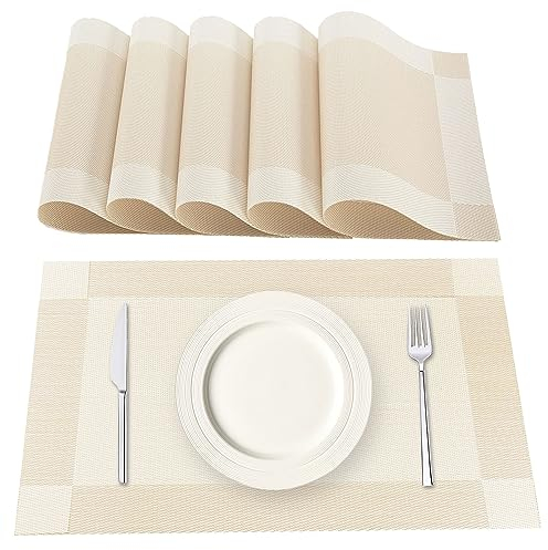 Lumaca Tischsets Abwaschbar, Set mit 6 Platzset aus 70% PVC und 30% Polyester, rutschfest, Hitzebeständig, für Küchentisch,Beige