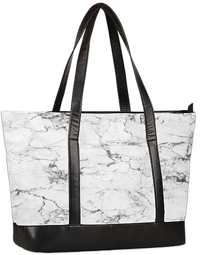 TropicalLife Sac fourre-tout pour ordinateur portable en marbre blanc texturé pour femme, sac fourre-tout en marbre blanc texturé pour femme, grand sac à main en toile, sac à bandoulière pour voyage,