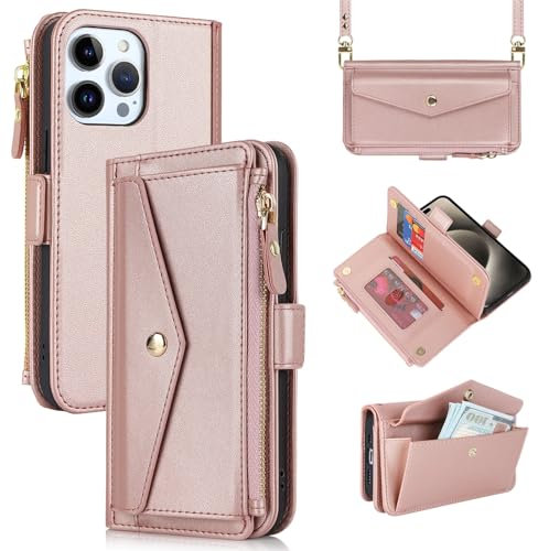 Zouzt for iPhone 15 Pro Max Wallet Case for Women, Purse with Credit Card Holder Slots Crossbody Lanyard Strap Zipper Flip Book Shockproof Protective Phone Cover for Apple 15 Pro Max 6.7 Inch (Pink)