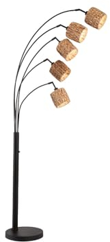 Bogenlampe 5flammig 190cm groß mit Metallfuß Schwarz & Lampenschirme Seegras geflochten