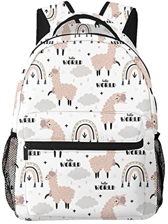 Niedlicher Alpaka-Lama-Regenbogen-Wolke-Hello-World-Rucksack, lässiger Laptop-Tagesrucksack, Computertasche für Männer und Frauen auf Reisen