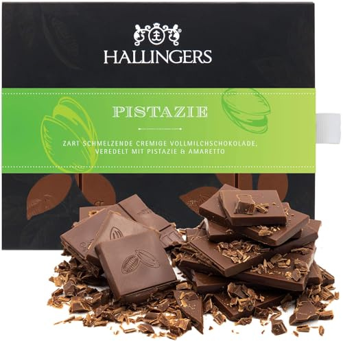 Hallingers Genuss Manufaktur Schokolade Geschenk - Tafel handgeschöpften Edelkakaos ohne Alkohol edler Karton Pistazie Pistazie-Amaretto, Geschenkidee für Frauen Männer
