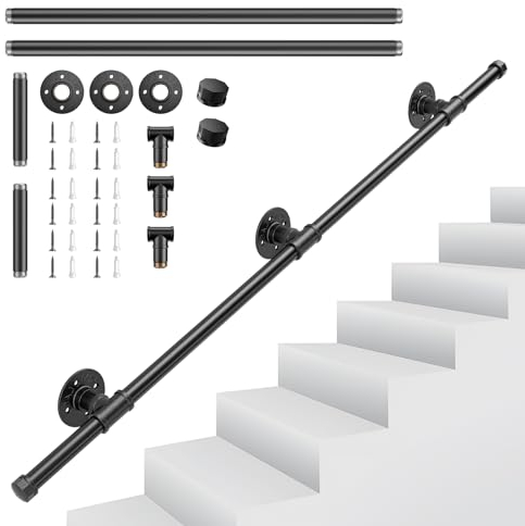 Pasamanos para Escalera, Couleeur Negro Barandilla Escalera Estilo Industrial Profesional, Tubería de Pasamanos y Antideslizante Hierro Forjado para Interiores y Exteriores pared Loft Ancianos(1.2M)