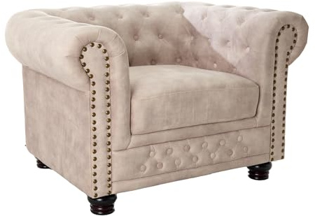 Riess Ambiente Sessel Chesterfield - Champagner - Samt Taschenfederkern | Armlehne, Rundumbezug, Knopfheftung, Nietenbesatz, Ziersteppung, hoher Komfort, pflegeleicht, abnehmbar