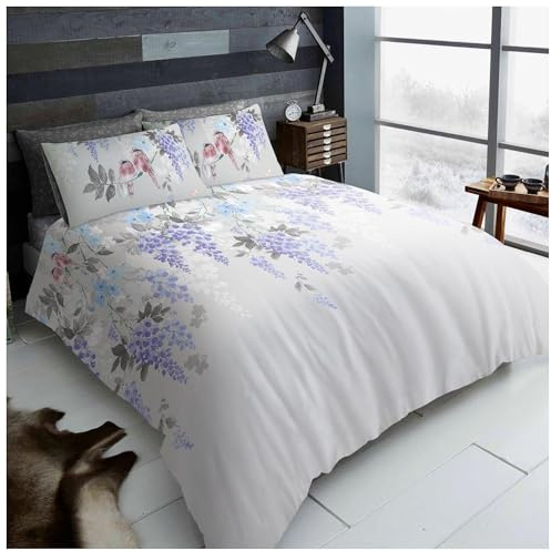 Lions Floral Bedding Set - 4 Piece King Size Bed Duvet Cover with Pillowcase Fitted Sheet, Soft Poly Cotton Reversible Quilt Covers, Grey Silver