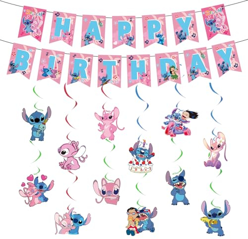 sdz2 14PCS Stitch Geburtstag Dekoration, Bunting Girlande und hängende Dekoration, Happy Birthday Banner Dekorationen, Gute Geburtstag Banner Dekorationen, Stitch Thema für Kinder Geburtstag Party