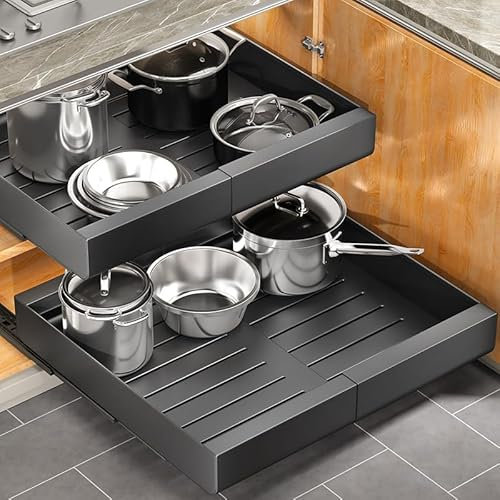 Ausziehbarer Schrank-Organizer, erweiterbar (30,5 cm - 50,8 cm), robuste ausziehbare Schublade mit selbstklebender Nano-Folie für Töpfe, ausrollbares Regal, Aufbewahrung für Küchenunterschrank