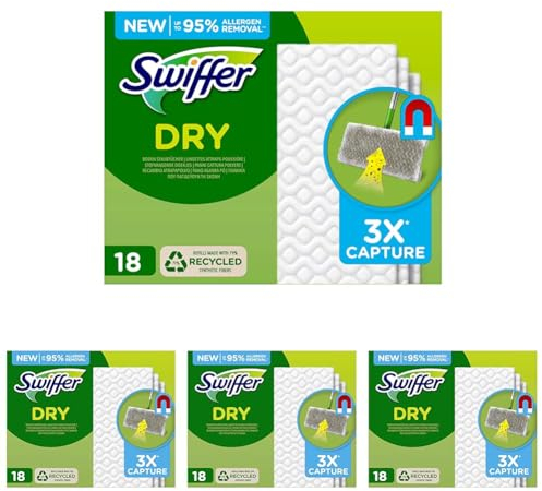 Swiffer Bodenwischer Boden Staubtücher Nachfüllpack 18 Tücher, Wischer ideal gegen Staub, Tierhaare & Allergene (Packung mit 4)