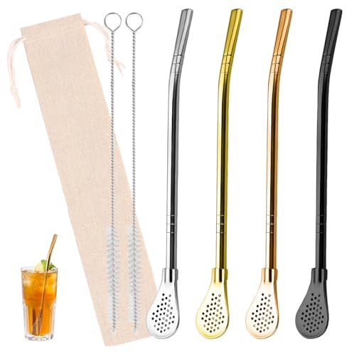 4 Pièces Paille Inox, Cuillère à Paille Filtrante en Acier Inoxydable, Pailles Réutilisables, Touillette Cocktail, Paille Bubble Tea Reutilisable, Calebasse et Bombilla pour Maté, Thé, Café, Cocktail