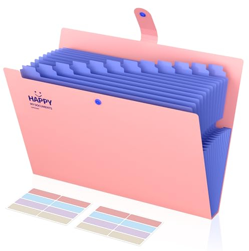 Kimsky Dokumentenmappe A4, Erweiterbare Aktenordner Mit 13 Fächer, Tragbarer Ordnungsmappe A4, Fächermappe a4, Großer Fächermappe Mit Knöpfen und Tabs, Geeignet für Büro, Schule, Zuhause - Rosa