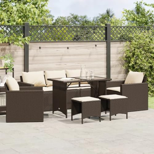 Willood 6 TLG. Rattanmöbel Gartenbank Rattan Garten Sitzgruppe Gartenlounge Gartenmöbel Set Sofagarnitur mit Kissen Braun Glas Tisch
