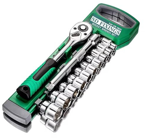 SDFIXINGS 12pcs Metric Socket Drive Set 9-19mm with Quick Release 3/8 Drive Ratchet Wrench 24 Teeth & 6 Extension Bar, High Grade Chrome Vanadium Steel, Rust Resistant, Car Garage Mechanic Home DIY
