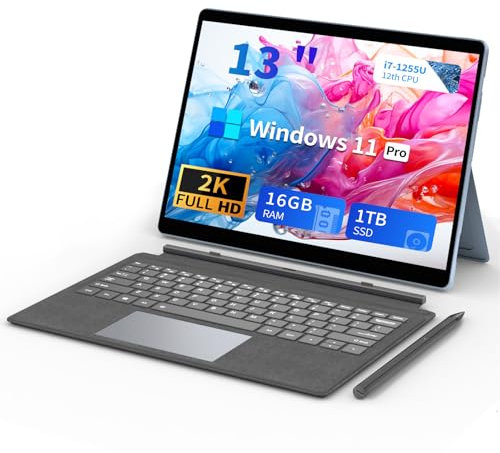 Rovendex Ordenador Portátiles 2 en 1, Core I7-1255U (hasta 4,7 GHz) PC Portatil de 13 Pulgadas, 16 GB LPDDR5X RAM 1 TB PCIE SSD 2K FHD IPS 2 en 1 Tablet PC, portátil Win11 Pro con Teclado y lápiz
