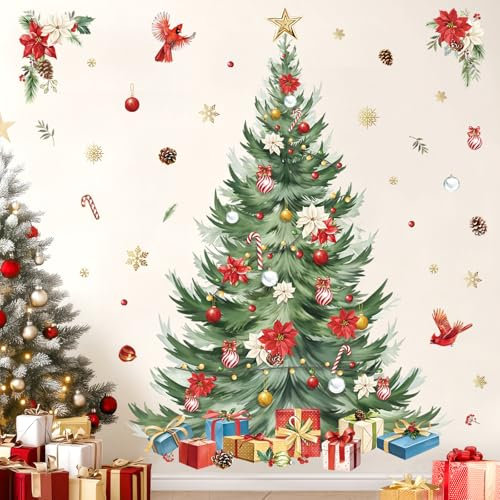 Decalmile Pegatinas de Pared Árbol de Navidad Grande Vinilos Decorativos Flores Copo de Nieve Acuarela Árboles Adhesivos Pared Puerta Escaparate Ventanas Decoración Navideña