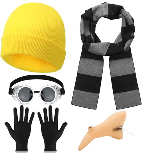 Hestya Karneval Kostüm Set Cosplay Faschingskostüme für Damen Herren Kinder Gelbe Mütze Goggles Brille Handschuhe Schal Nase für Fastnacht Rosenmontag Halloween Lustige Cartoon Figur mit Brillenaugen