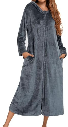 Accappatoio da donna in pile extra morbido, lungo, morbido, vestaglia invernale, caldo, in pile, da sauna, da donna, da notte, grigio., S