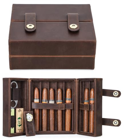 Hiram Zigarren Aufbewahrungskoffer Echtes Leder Zigarren Humidor für 7 Zigarren Doppelt Offene Zigarrenbox mit Zigarrenschneider und Feuerzeugschlitz Multifunktionales Zigarren Etui mit Eingebautem