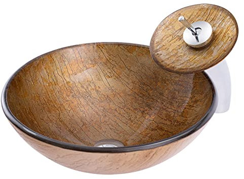 Fregadero de baño redondo de vidrio templado, fregadero combinado de encimera de instalación de baño, textura de roca, lavabo artístico con grifo de cascada de latón