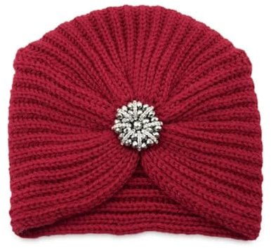 Belachick Strickmützen Hüte Mützen Caps Beanie Böhmischer Stil Winter Wolle Blume Bohrer Gürtel Strickmütze Frauen Turbane Kappe H-Rot