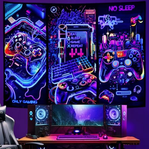 Galoker Blacklight Gaming Tapisserie Cool Neon Game Controller Tapisserie UV Reactive Gamer Player Wall Tapestries Funny Art Gaming Poster Tapestries Wall Hanging for Home Decor