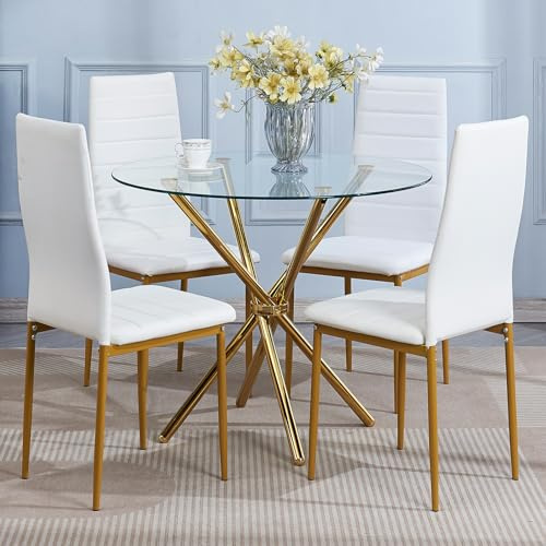 Modernes 5-teiliges Esszimmer-Set mit goldfarbenen Beinen, rundem Glastisch und Kunstleder-Stühlen, ideal für Zuhause, Küche, Wohnung, Restaurant, kleine Räume, 4 Sitzplätze