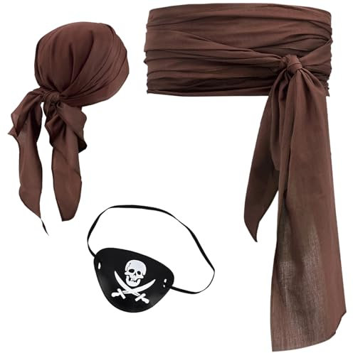 Halloween Pirate Costume Women Men 3 Pcs Pirate Head Scarf Bandana Belt Waist Sash Eye Patch Medieval Renaissance Viking Accessories (Brown)