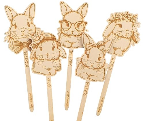 FEENSTAUB Muffin Topper Ostern, 5er Set Muffinstecker aus Holz, Hasenstecker graviert mit Namen, Kuchendeko für die Osterfeier, kleine Cake Topper Osterhasen, Osterlamm Deko, Holzstecker Osterhasen
