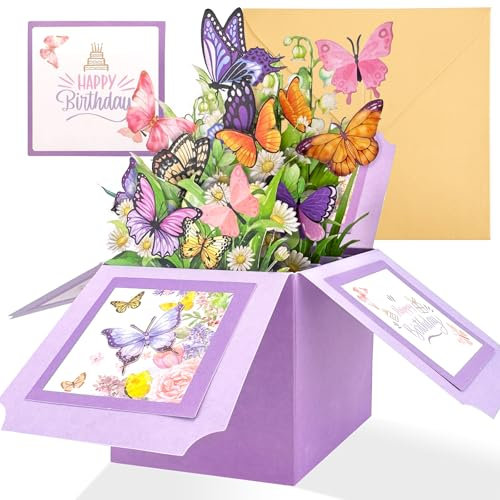 YianHien Schmetterlinge Pop Up Karte Geburtstag, Exquisite 3D Geburtstagskarte für Frauen, Karte Geburtstag Blumen für Mama Ehefrau Freundin Oma Tante Schwestern Tochter, Geburtstagskarte Pop Up