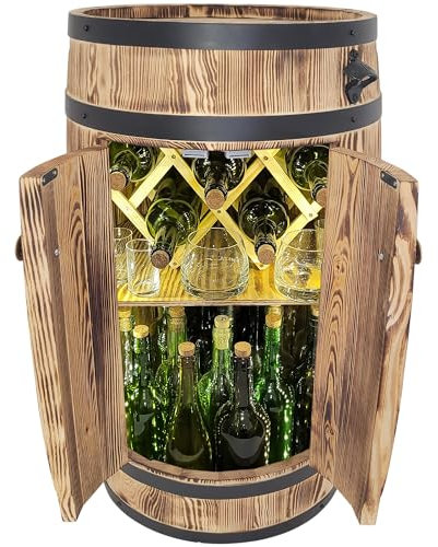 weeco Holzfass mit Türen, Hausbar mit LED Beleuchtung batteriebetrieben, mobiler klappbarer Weinflaschenhalter, rustikaler Barschrank für Alkoholflaschen 80x50x44cm
