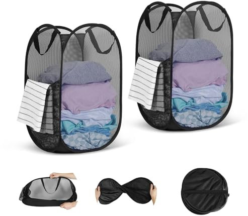 WUFANC Faltbarer Wäschekorb, 2 Stück (34 x 34 x 60 cm), zusammenklappbarer Netz-Wäschekorb mit Griff für Badezimmer, Camping, Studentenwohnheim und Reisen.