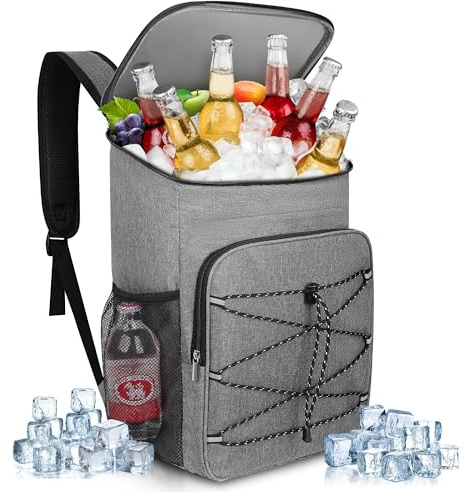 Anhow 23L Kühlrucksack, Groß Kühltasche Isoliertasche, Tragbare Wasserdichter Picknickrucksack Damen Herren Cooler Bag für Picknick, Camping, Strand, Wandern und Mittagessen - Grau