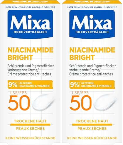 Mixa schützende & Pigmentflecken vorbeugende Creme LSF 50, Anti-Pigmentflecken Creme, Für trockene Haut, Niacinamide Bright, Hypoallergen, 50 ml (Packung mit 2)