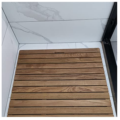 GAOBINGB Duschmatte aus Teakholz mit rutschfesten Fußpolstern und Griff, strapazierfähige Bodenmatte für drinnen und draußen, 80 x 90 x 3,2 cm