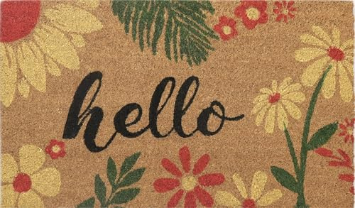 COCONIQ Coir Door Mats 43x76 cm, Non-Slip Sturdy, PVC Backed Heavy Duty, Easy to Clean, Ideal for Door Entrance, Patio, Porch, Backyard, Garages, Vibrance of Flora - Hello