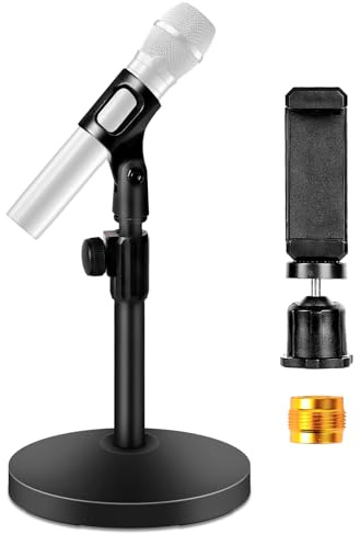 BILIONE Desktop Microphone Stand with Microphone and Cell Phone Clip | 1.5 lbs Weighted Base, Adjustable Height, with 5/8 to 3/8 Metal Adapter Phone holder for Podcast, Recording, Livestream