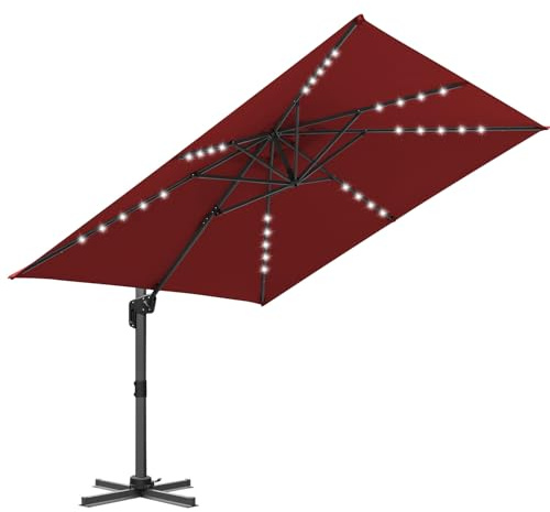 ISOISL Parasol déporté 300 x 300 cm – Pivotant à 360 ° par pédale et inclinable en 4 positions avec commande à manivelle et éclairage LED – UV50+ imperméable, parfait pour terrasse, jardin et soirées