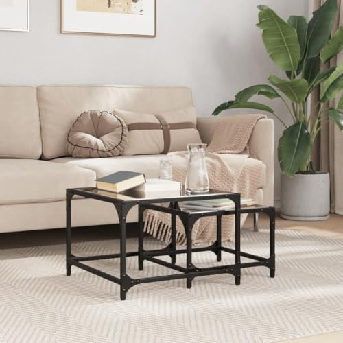 FWIKDUN Lot de 2 tables gigognes avec plateau en verre transparent et surface résistante aux taches pour salon et chambre à coucher, 2 tables gigognes avec plateau en verre en bois résistant