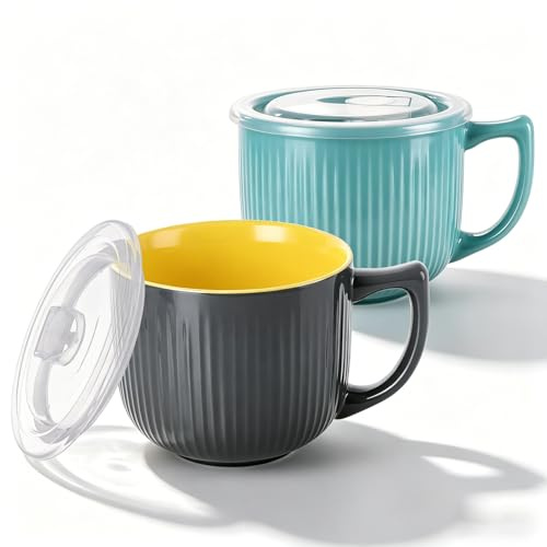 MEIDIV Set of 2 Soup Bowls with Handles, 900ml Porridge Bowl, Microwave Soup Bowl with Lid and Handle, Soup Mug with Handles, Ceramic Bowl for Cereal, Meal Prep, Breakfast Microwave & Dishwas